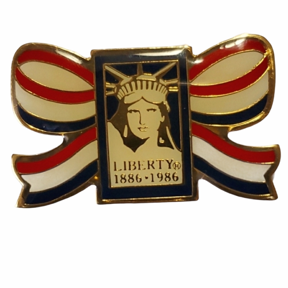 Vintage Statue of Liberty Signed PinBack Brooch Red White Blue America USA Gift